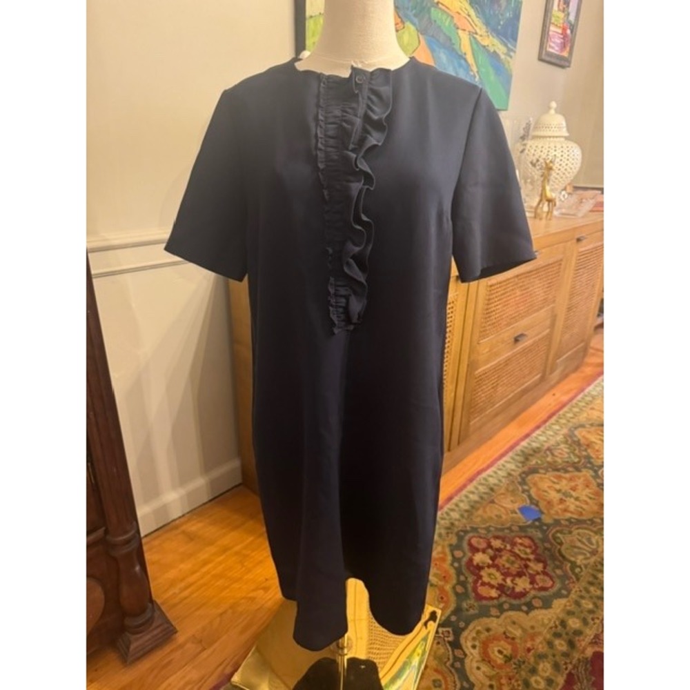 Lafayette 148 New York Navy Blue Ruffle Front Short Sleeve Shift Dress Size S